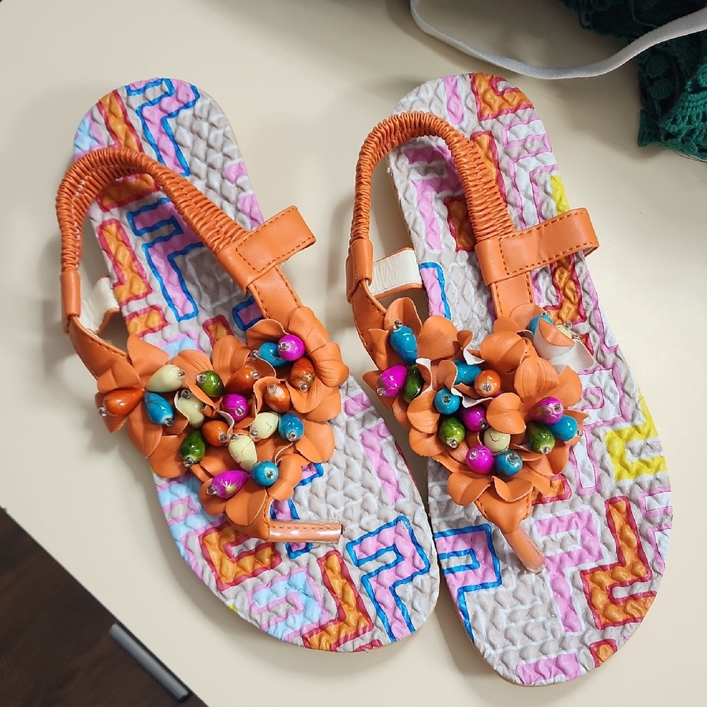 Colorful Beaded Sandals with Orange Accents